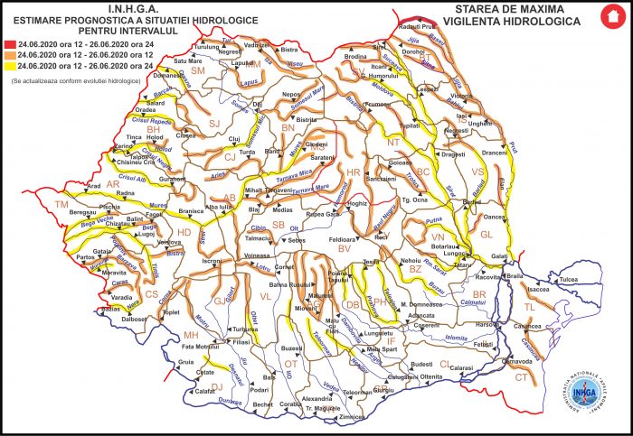 Harta Avertizare hidrologica nr. 22 din 24.06.2020