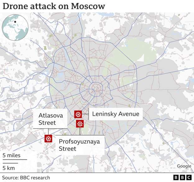 map of confirmed locations for three strikes in Moscow = BBC