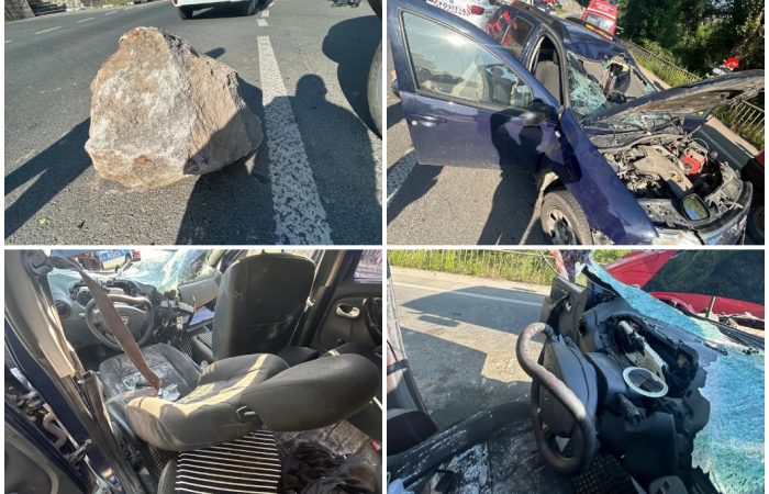 Piatră căzută pe mașina unui consilier județean pe drumul spre Gurahonț. Șoferul, transportat la spital cu elicopterul SMURD