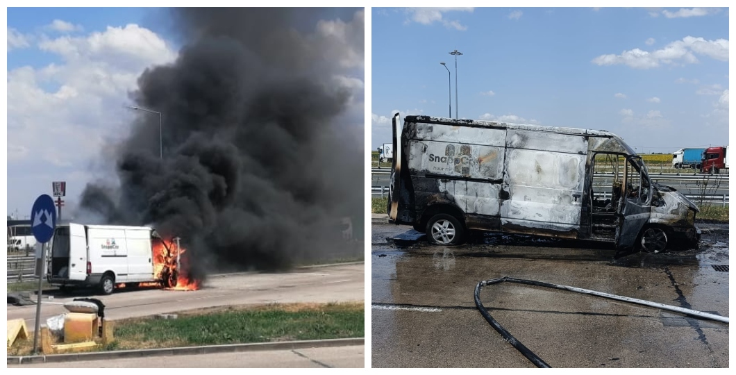 Un microbuz a luat foc într-o parcare pe autostradă, între Nădlac și Arad