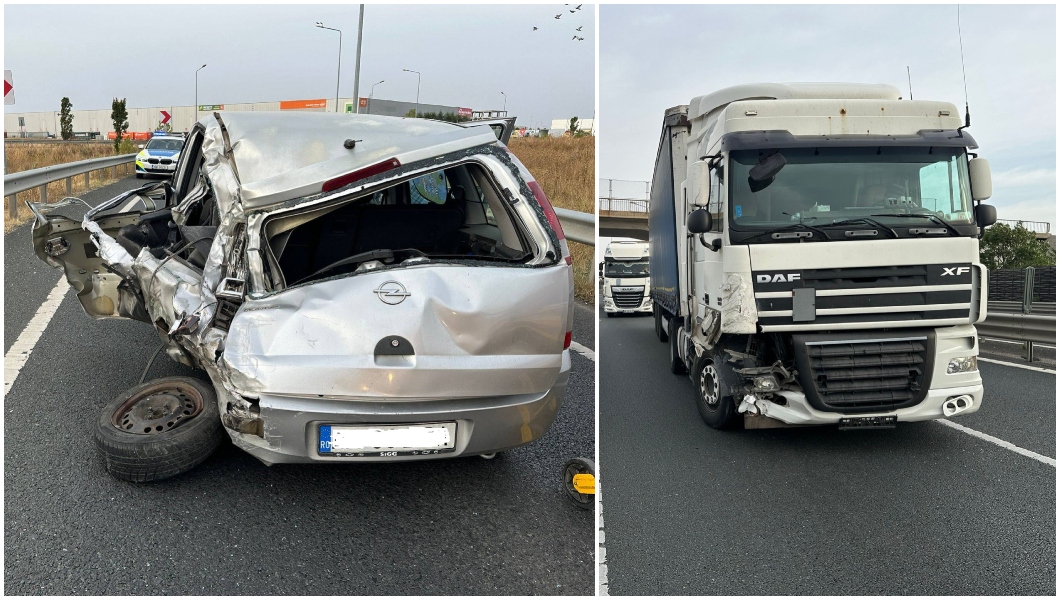 Autoturism lovit de camion pe autostrada Arad-Timișoara, la coborârea către Zădăreni · Special Arad