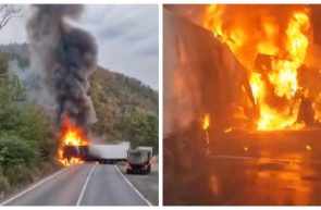 TIR cuprins de flăcări pe drumul Vărădia de Mureș - Săvârșin