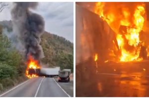 TIR cuprins de flăcări pe drumul Vărădia de Mureș - Săvârșin