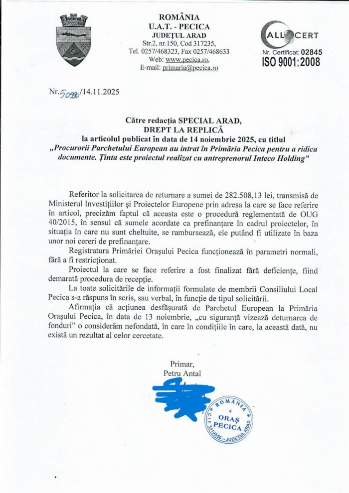 primăria Pecica replică