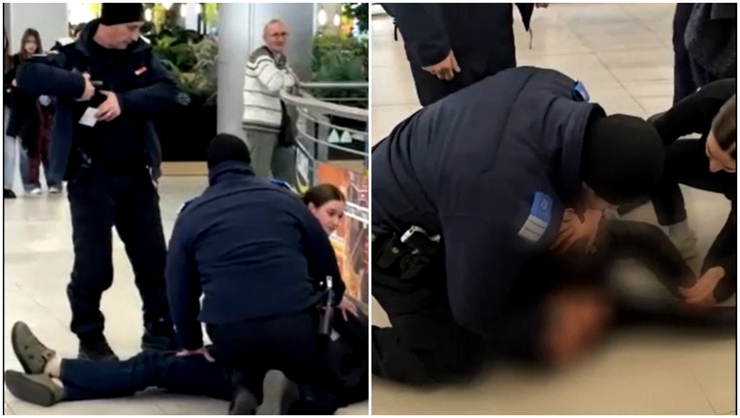 Primul ajutor oferit de jandarmi unui bărbat căzut pe scările rulante dintr-un mall