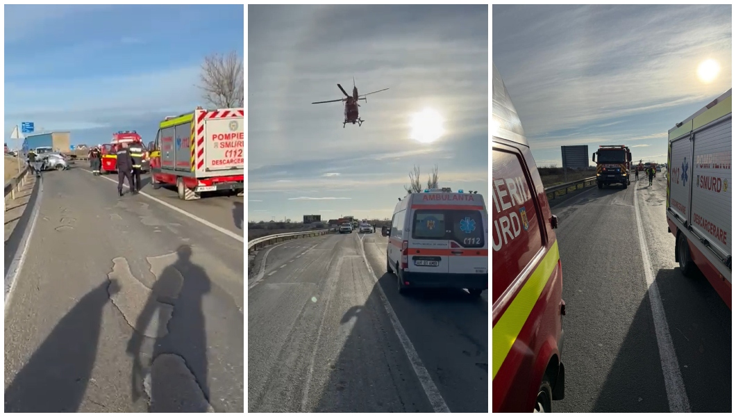 Accident cu trei mașini la ieșirea din Arad spre Zimandcuz; intervine elicopterul SMURD.