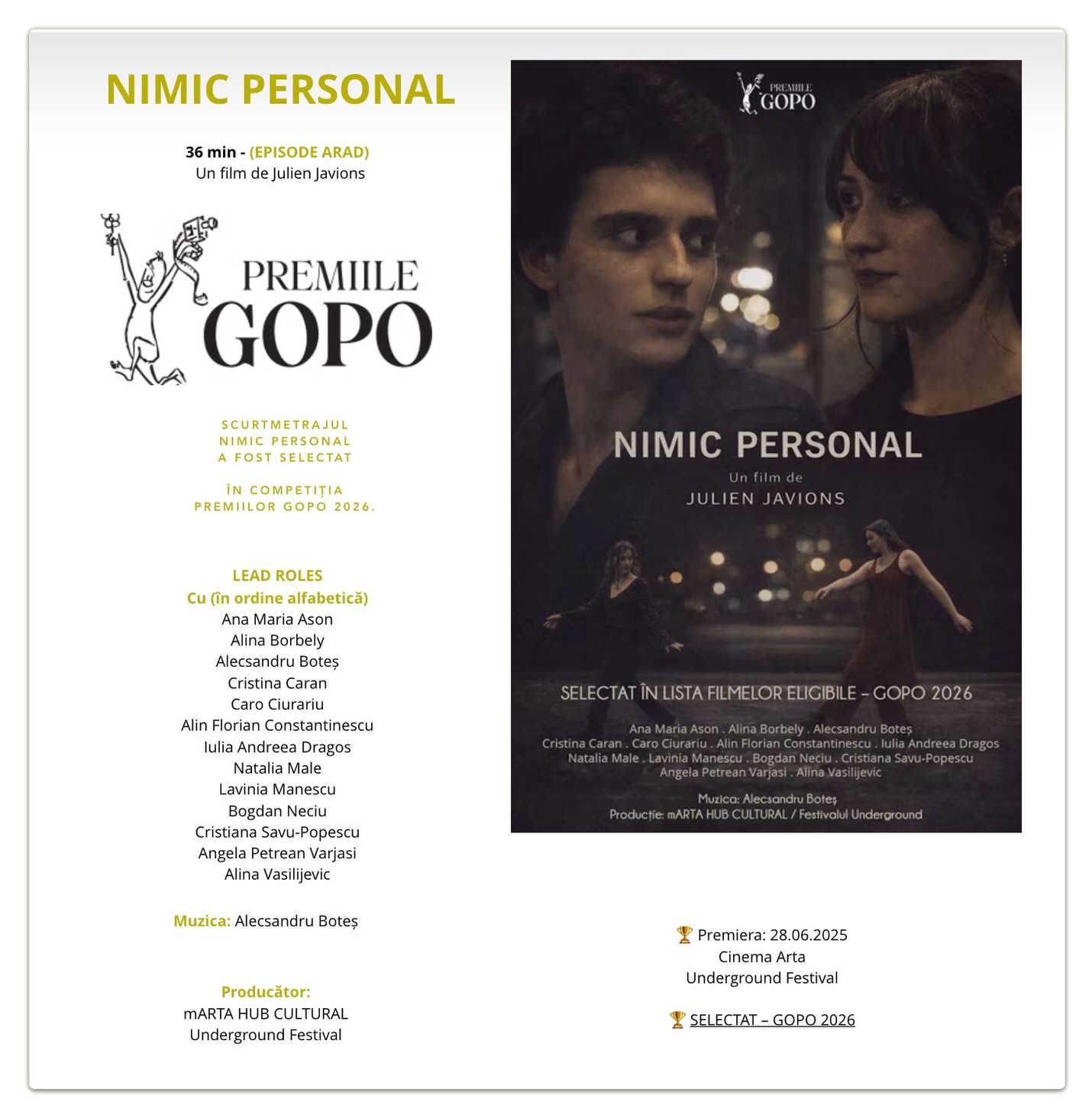 Nimic Personal - scurtmetraj realizat la Arad, cu patru actori arădeni, în cursă Gopo 2026 (2)