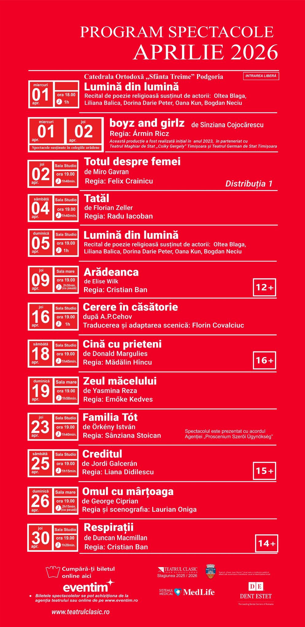 PROGRAMUL LUNII APRILIE 2026 Teatrul Clasic Ioan Slavici
