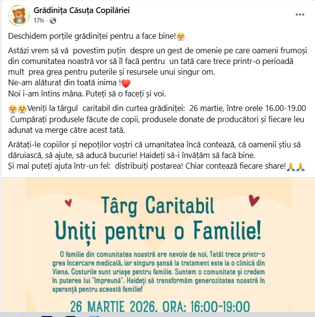 Poza pentru articolul Salvați viața unui tată! Târg caritabil la Grădinița Căsuța Copilăriei din Aradul Nou