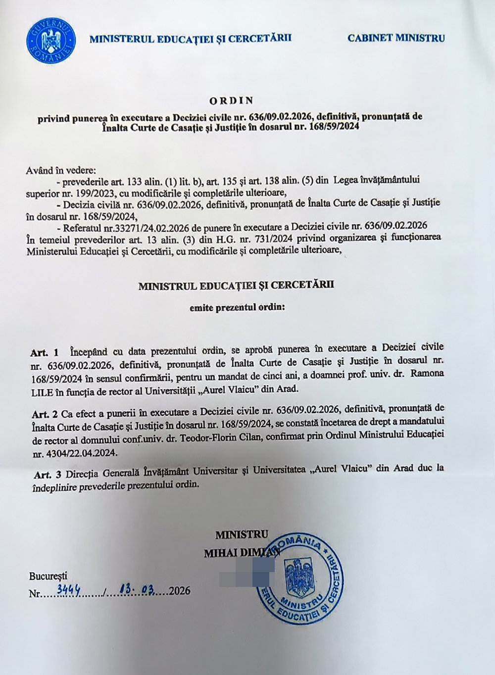 Poza pentru articolul Ramona Lile redevine, de astăzi, 13 martie, rector al UAV prin ordinul ministrului Educației