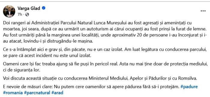 Poza pentru articolul Ministrul Mediului reacționează după atacul asupra rangerilor din Arad