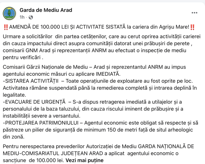 Poza pentru articolul Video – A căzut un perete al carierei de piatră din Agrișu Mare. Firma fostului consilier județean Sandu Leah a fost amendată și cariera închisă