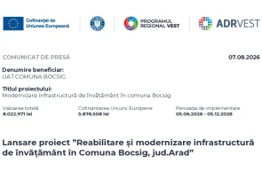 Lansare proiect Reabilitare si modernizare infrastructura de invatamant in Comuna Bocsig jud.Arad