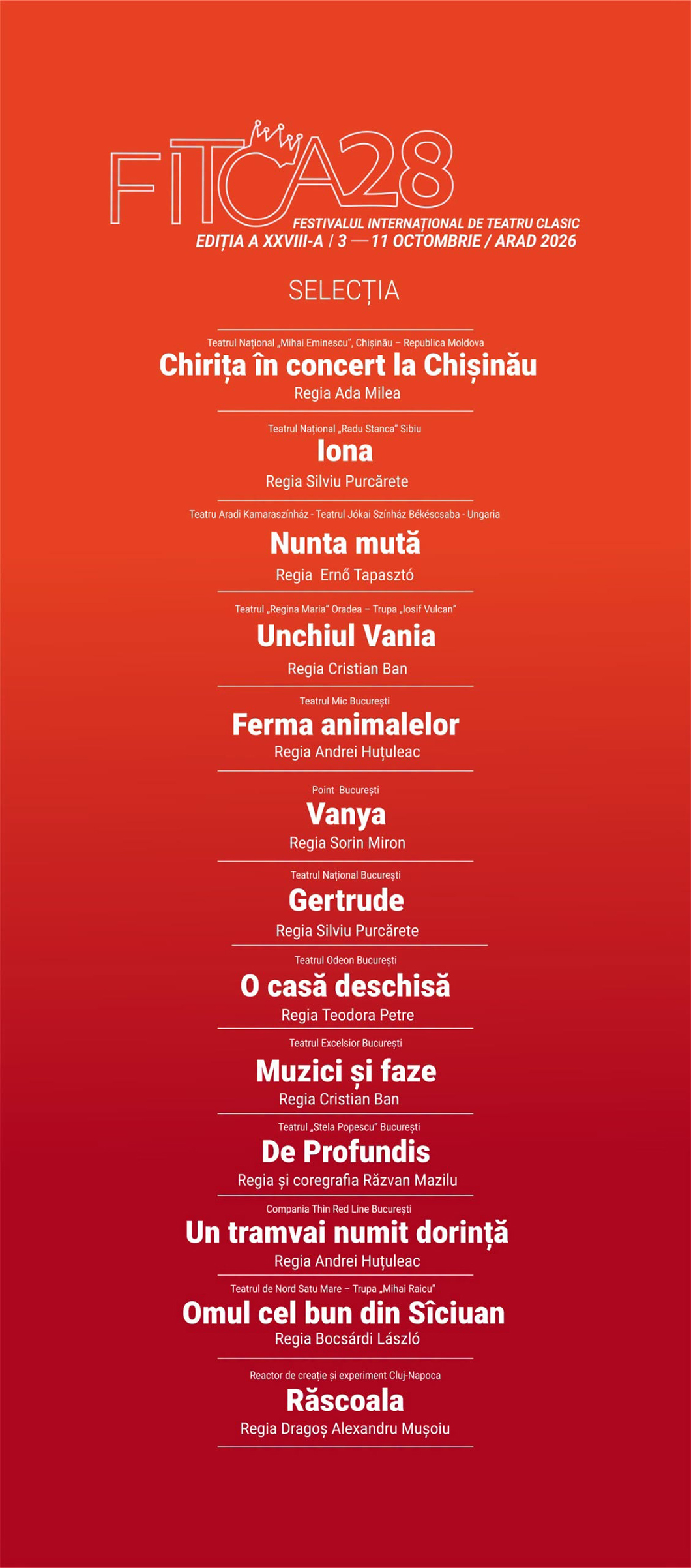 S-a anunțat selecția oficială a Festivalului Internațional de Teatru Clasic 2026