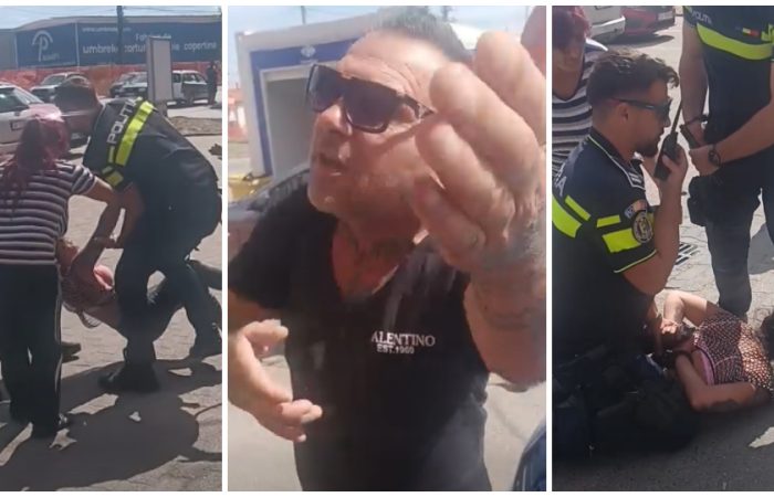 Scandal în parcarea unui supermarket din Arad: un bărbat a agresat o femeie, iar două femei au fost încătușate | VIDEO