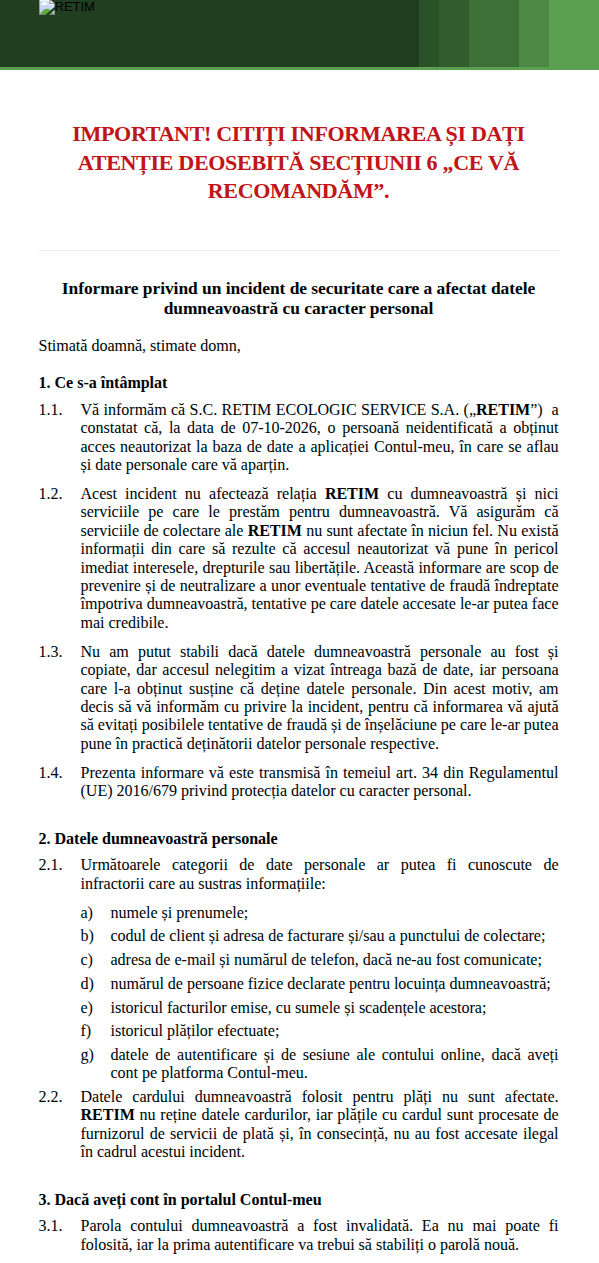 notificare atac cibernetic RETIM